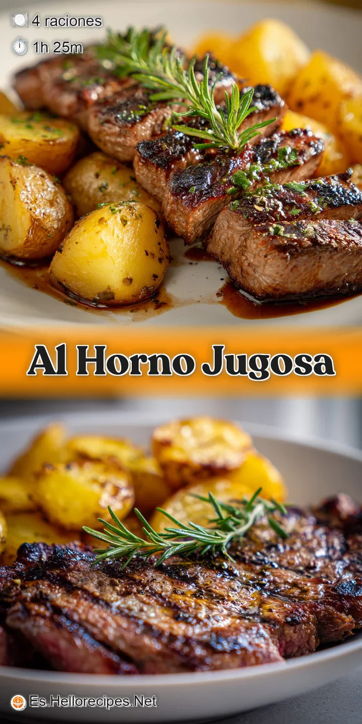 Close-up view of glistening, tender carne asada showing delicious marbling and char marks. Roasted potato with a golden cr...