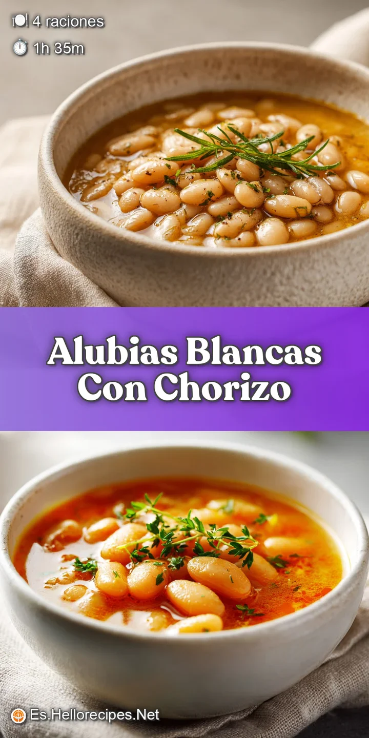 Close-up of plump, tender white beans nestled with spicy chorizo, glistening in rich, savory broth, a tantalizing texture.