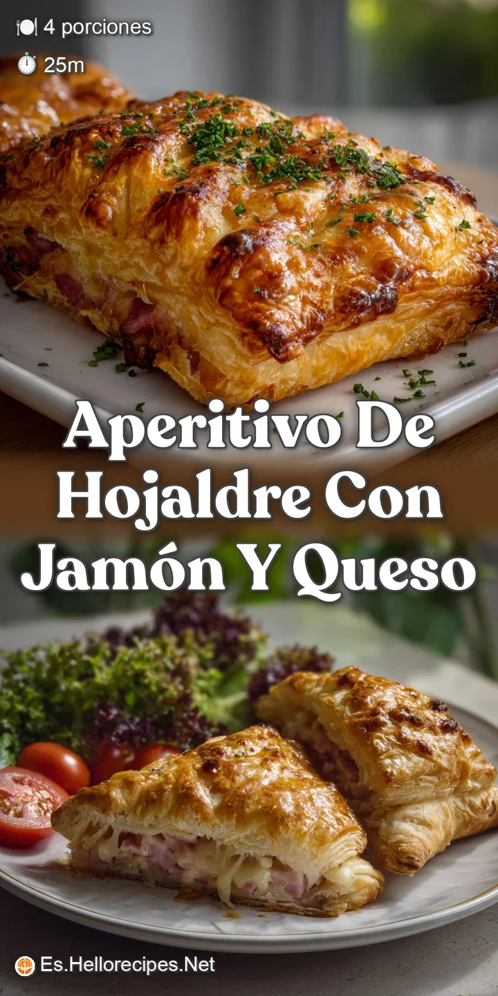 Close-up of a warm, perfectly browned pastry, revealing layers of flaky dough and a molten, cheesy ham filling.