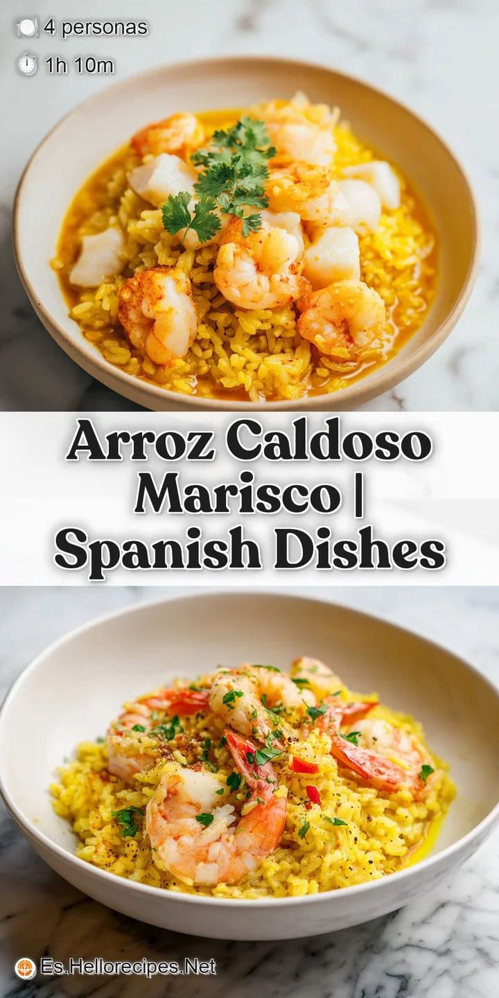 Primer plano de granos de arroz brillantes en caldo dorado, con una gamba jugosa que desprende un vapor caliente.