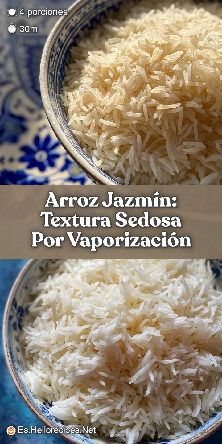 Close-up shows moist, individual grains of rice, soft and inviting. Subtle steam suggests freshly cooked perfection.