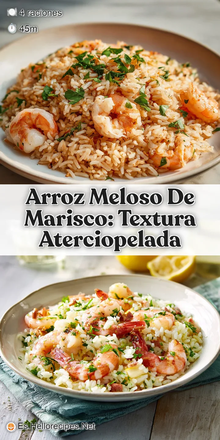 Close-up of the creamy, golden rice. A plump, succulent shrimp and glistening mussel shell showcase the dish's rich texture.