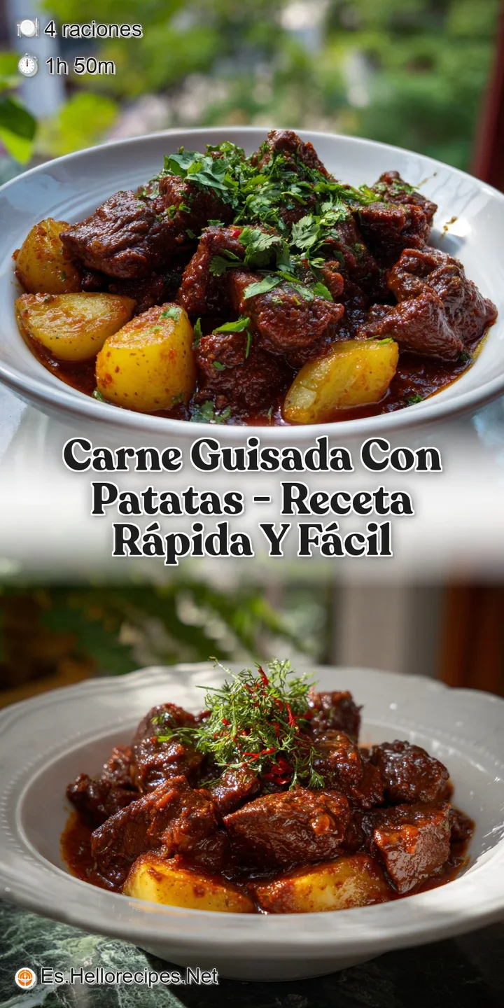 Close-up: Braised beef cubes, glistening with savory gravy, nestled among soft potatoes, creating a hearty, comforting vis...