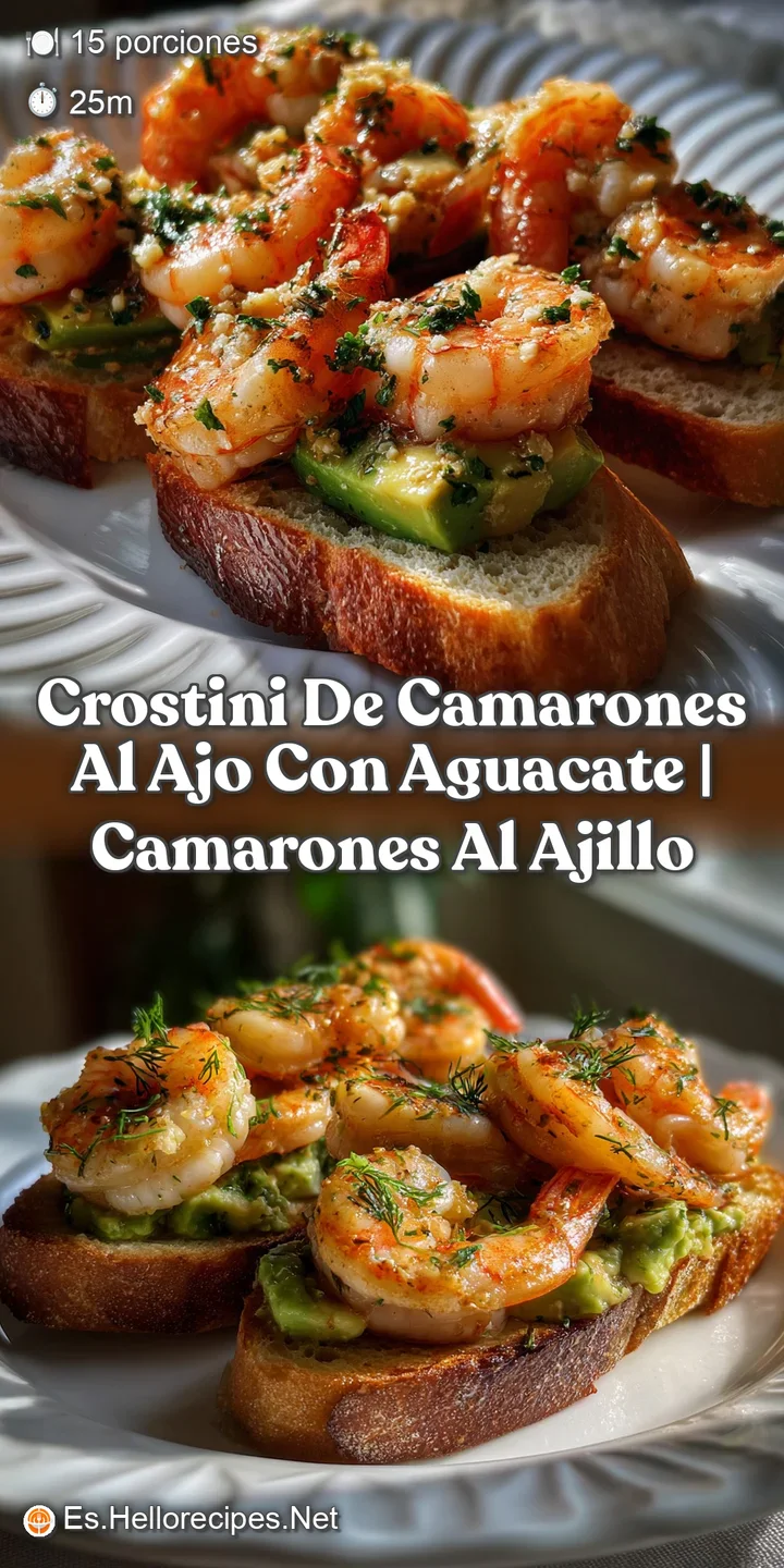 Close-up shot: Sizzling shrimp with garlic and herbs on crunchy crostini. The creamy avocado and bright cilantro create a ...
