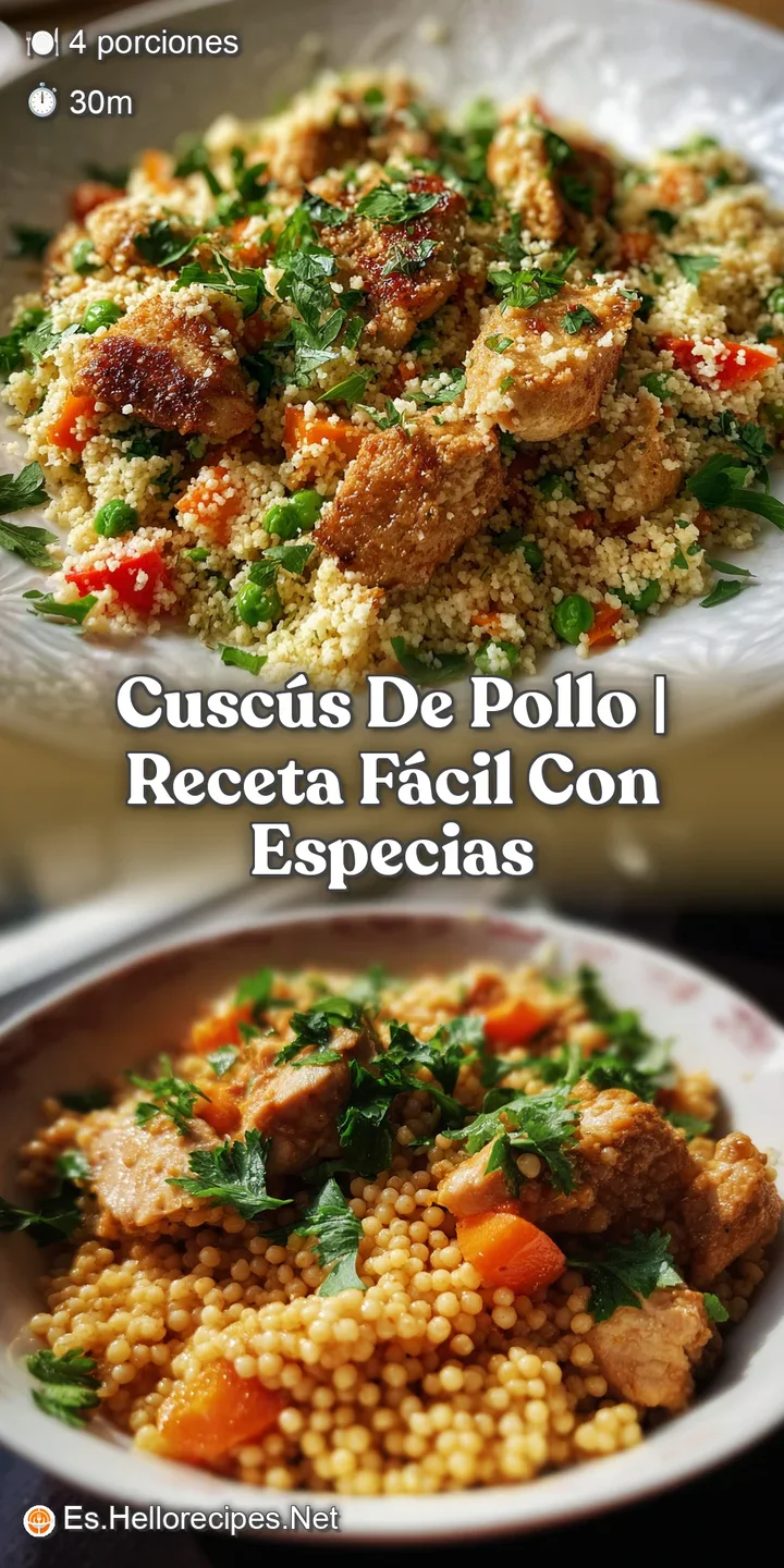 Close-up of moist couscous studded with plump raisins and juicy chicken, capturing the dish's inviting texture and curry's...