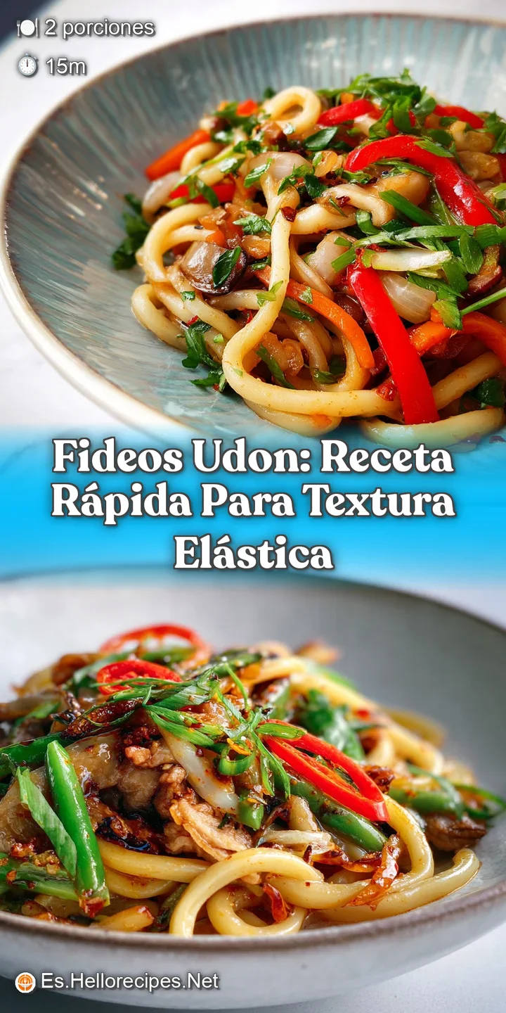 Close-up reveals steaming fideos udon, highlighting the plump, chewy texture and savory broth clinging to each strand.