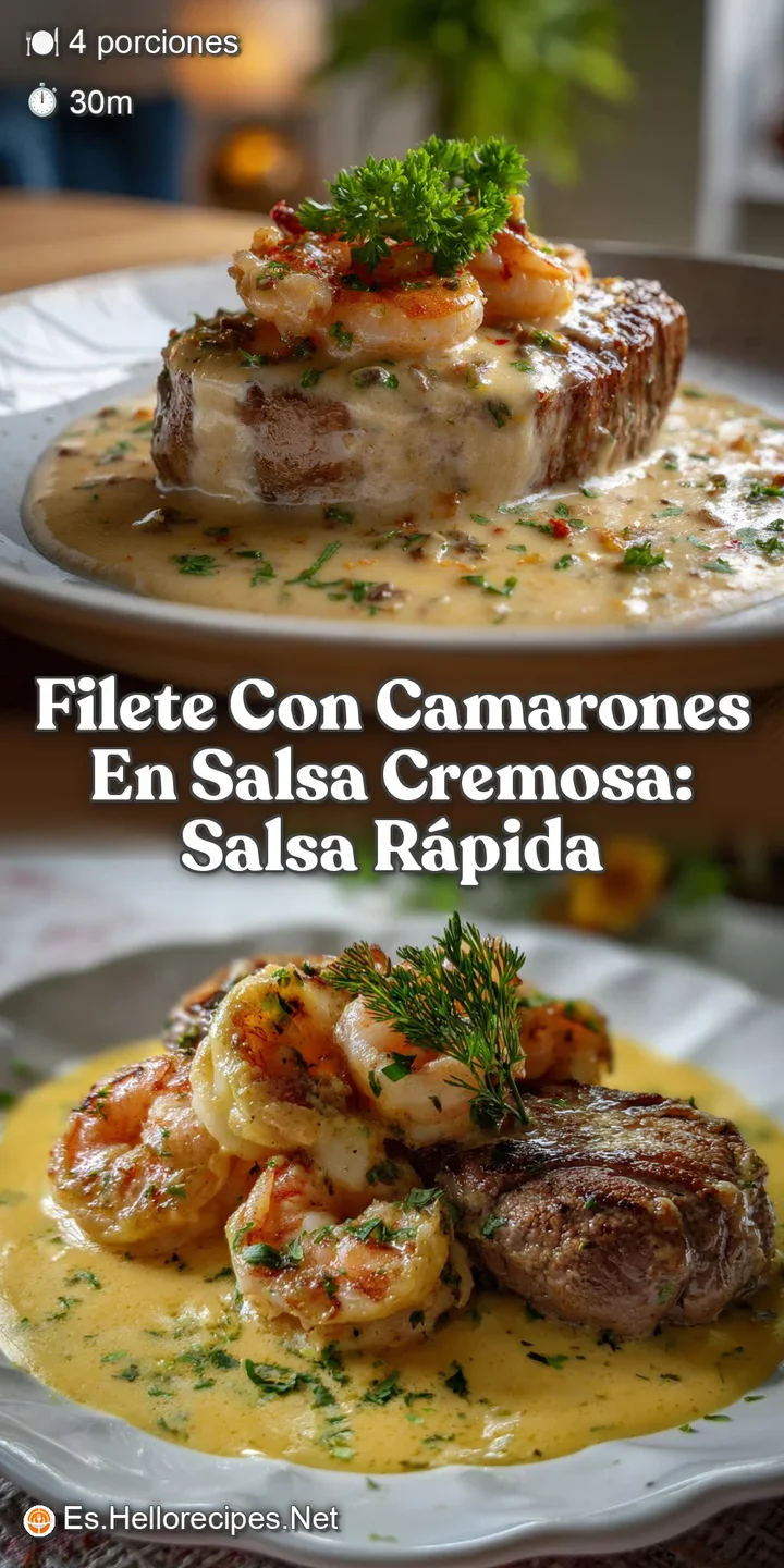 Close-up of tender filete and vibrant shrimp bathed in a creamy sauce. Textures of the sauce and protein shine. Appealing ...