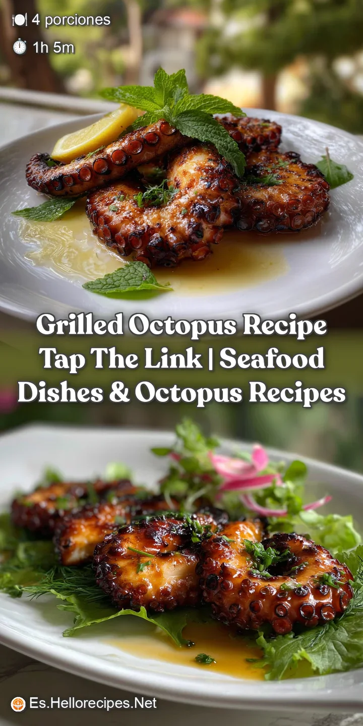 Close-up of succulent grilled octopus with a beautiful, caramelized exterior, showcasing its tender texture and a burst of...