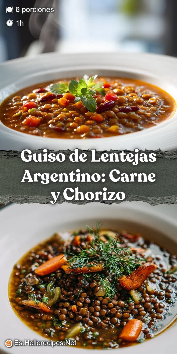Close-up reveals tender lentils, vibrant vegetables, and spicy chorizo swimming in a deeply flavorful, dark reddish-brown ...