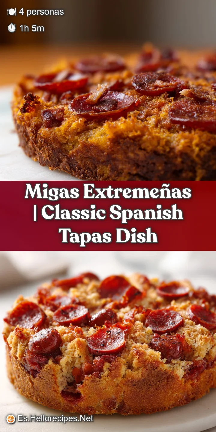 Primer plano de migas humeantes con textura rugosa y trozos de chorizo graso y brillante que resaltan el color rojo.