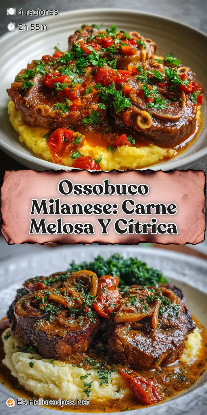 Close-up of tender Ossobuco, the bone marrow glistening. Saffron risotto peeks through, promising savory depth and warmth.