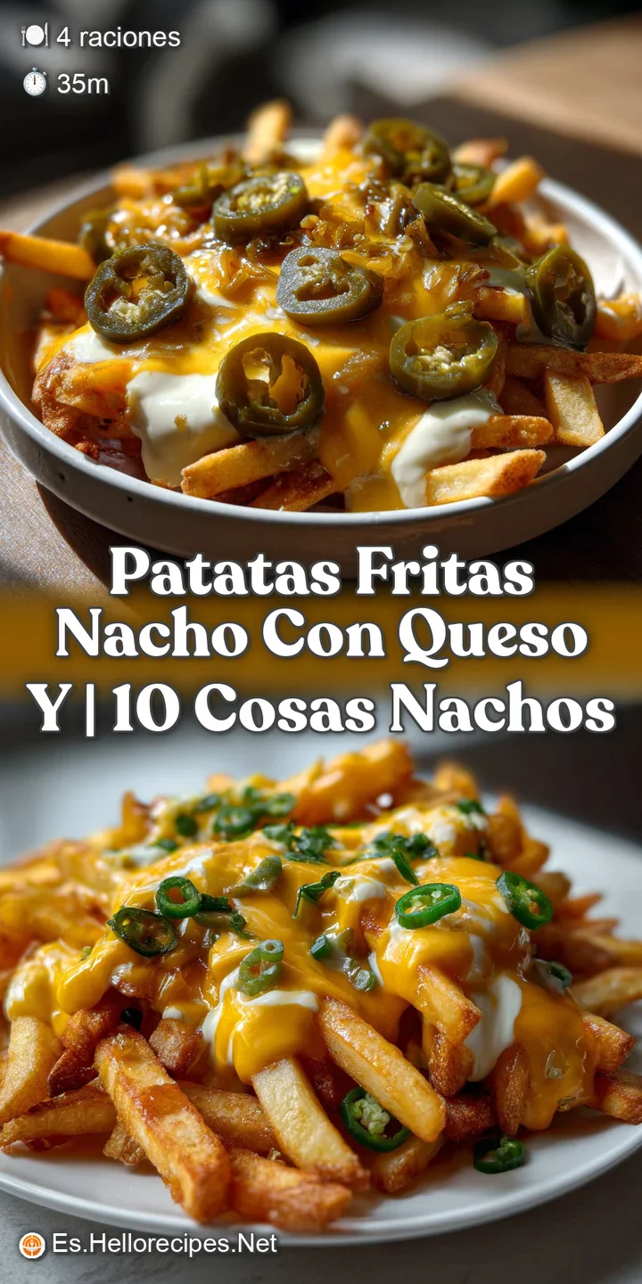 Crispy golden potato fries, layered with melted, creamy cheese, cilantro, and jalape&ntilde;os, a delicious, vibrant mix.