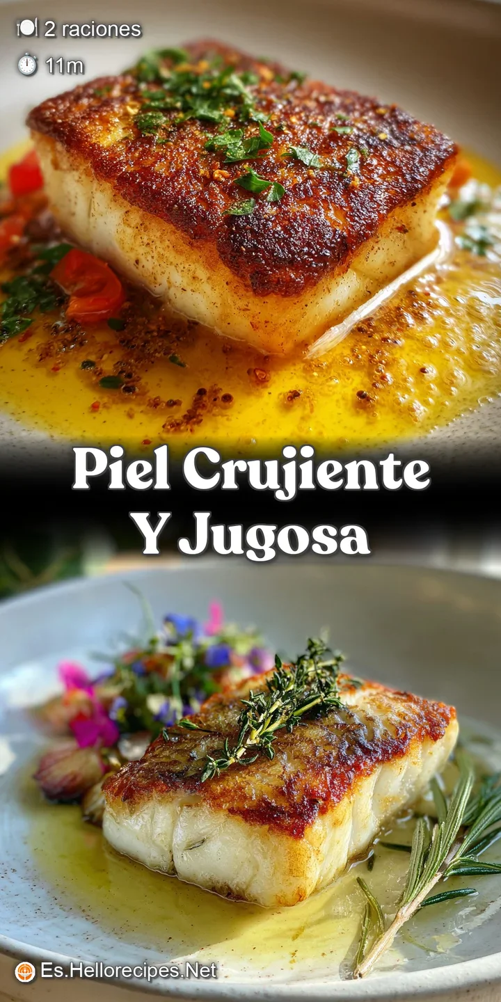 Close-up reveals the juicy, moist interior of the white fish with the expertly seared crispy skin glistening with oil.