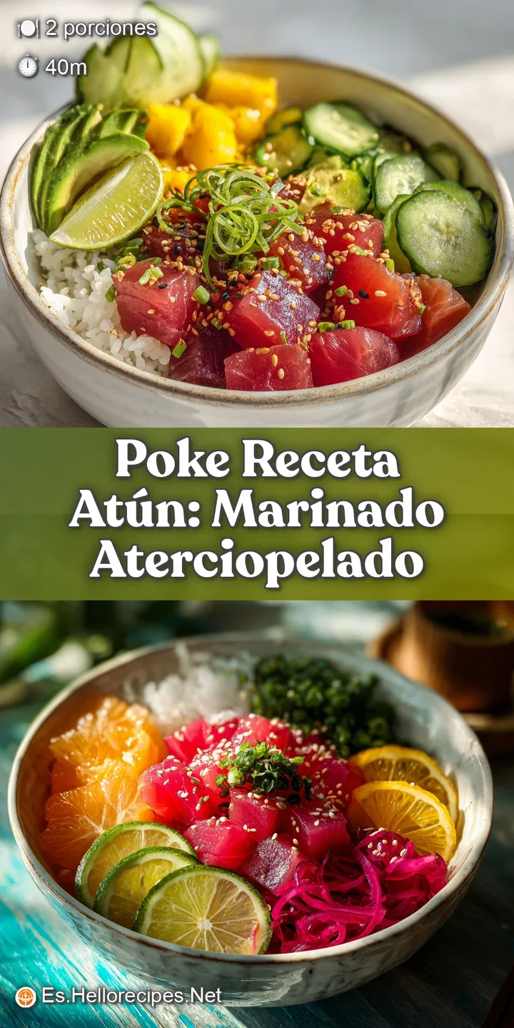 Close-up of glistening tuna poke, showing rich marbling and texture, mixed with nori and a creamy sauce.