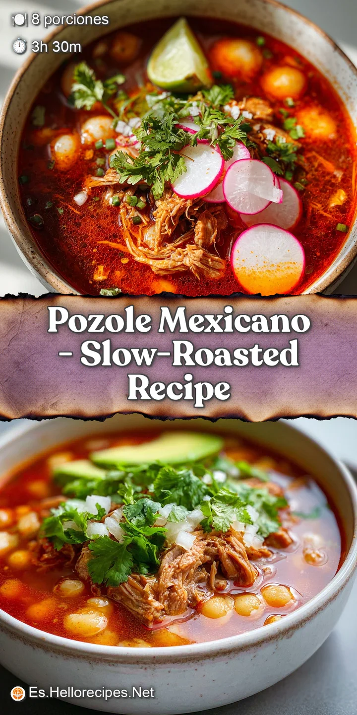 Close-up of tender pork and plump hominy swimming in a deep red pozole broth. A glistening sheen suggests a rich, slow-roa...