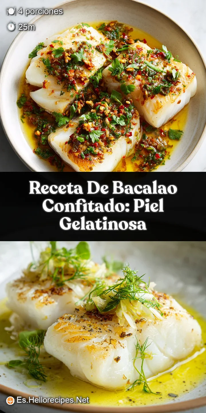 Close-up of tender, moist cod confit, showcasing its pearly white flesh and the shimmering olive oil. A truly appetizing a...