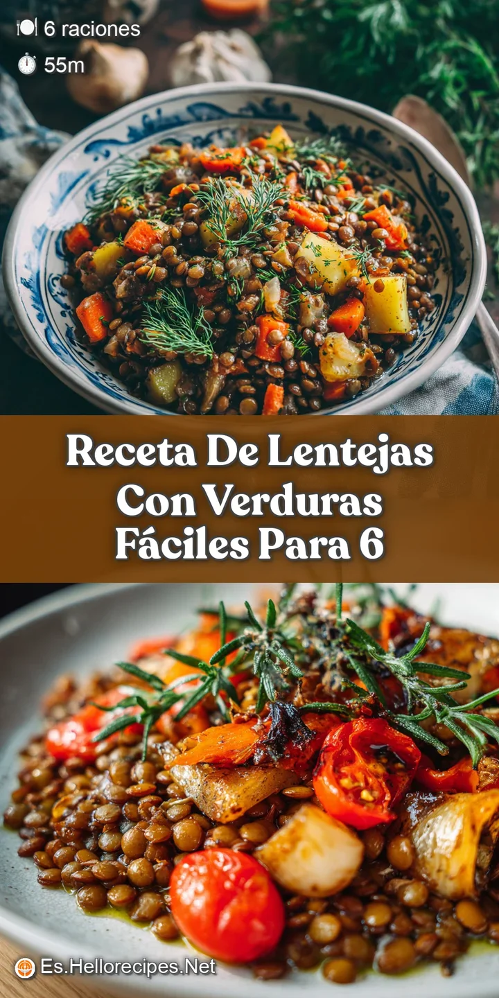 Close-up of earthy lentil stew reveals vibrant diced carrots, peppers and herbs in rich broth; comforting textures are vis...