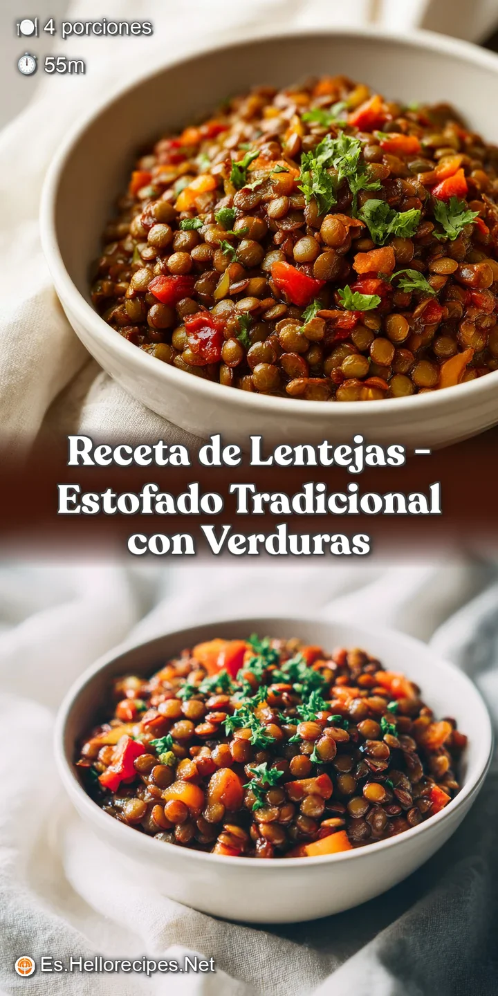 Close-up of tender brown lentils with chunks of soft carrot and potato in savory broth.