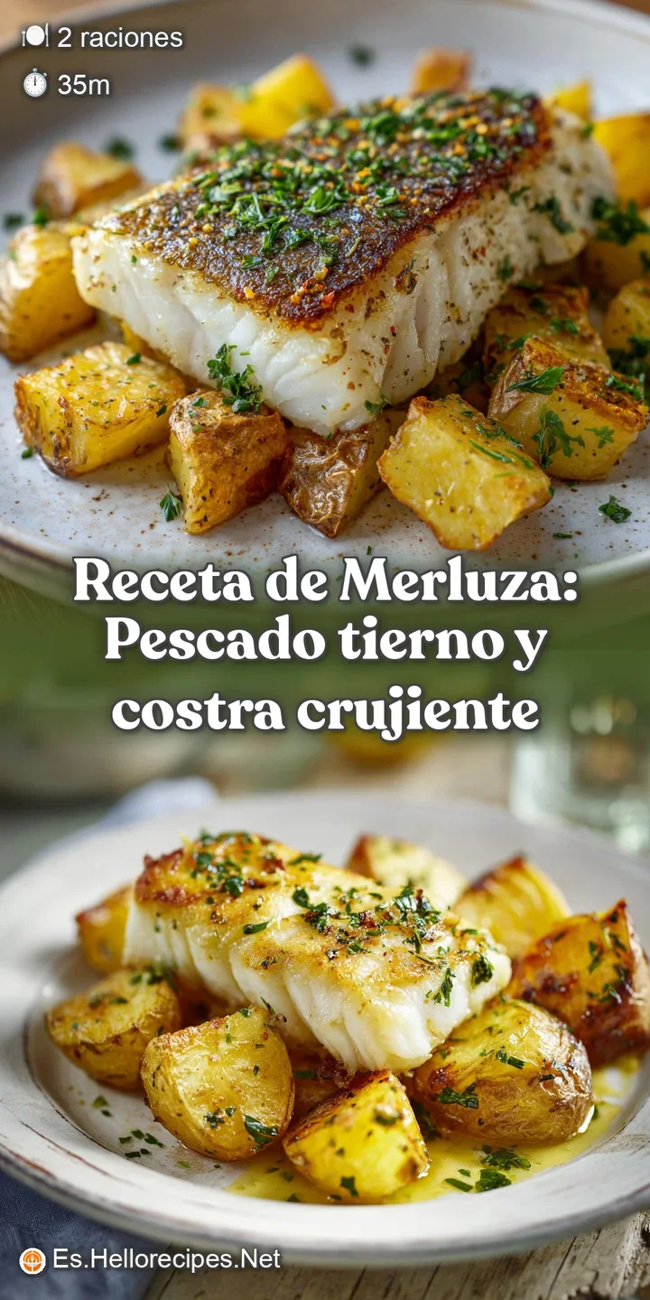 Close-up shows tender, flaky white fish with crisp edges and soft golden potatoes, seasoned with vibrant green herbs.