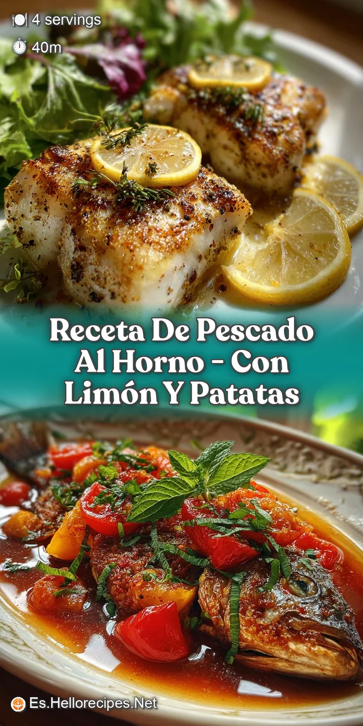 Close-up reveals moist, white baked fish glistening with lemon juice, complemented by crispy potato edges and fresh herb a...