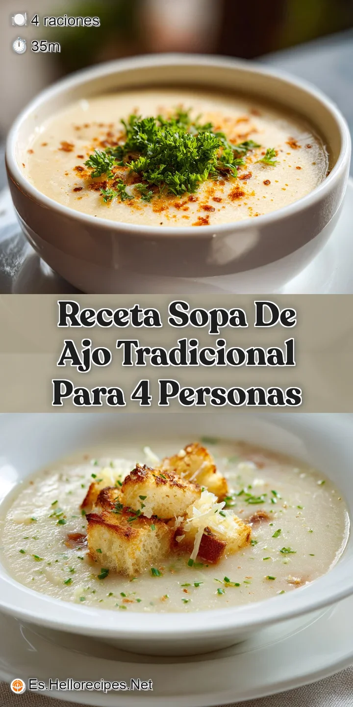 Close-up of simmering garlic soup with golden croutons, fragrant herbs, and a shimmering broth surface.