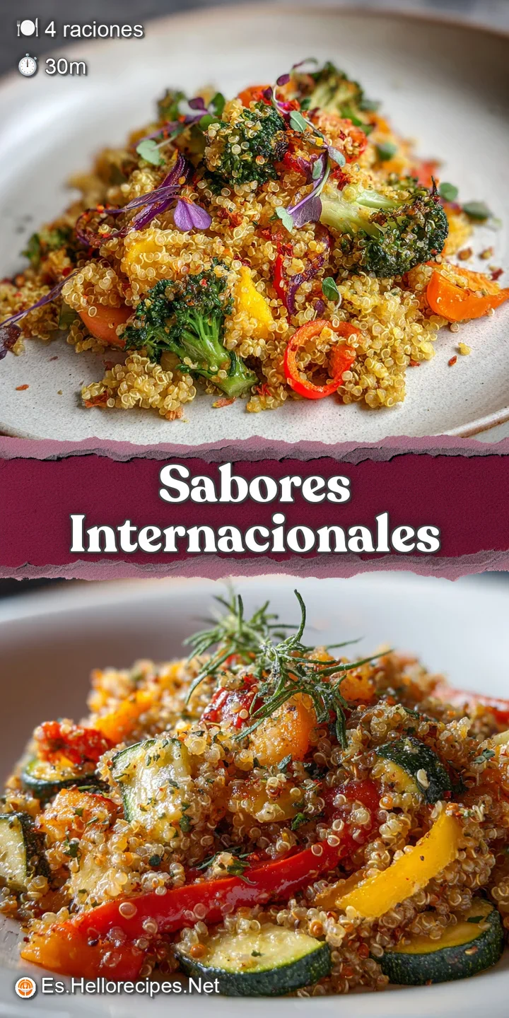 Close-up of fluffy quinoa grains and diced colorful vegetables. Light steam rises from the appetizing, freshly made dish.