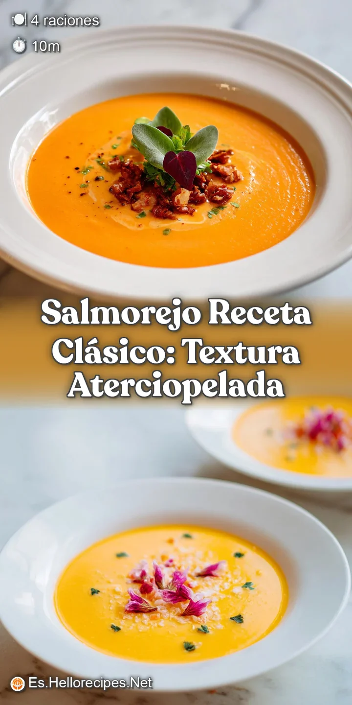 Close-up reveals the rich, velvety texture of cold Salmorejo, with vibrant flecks of egg and savory jam&oacute;n adding depth and...