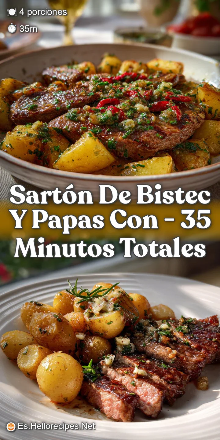 Sizzling steak and crispy potatoes in a cast-iron pan. Golden-brown crust on the steak, fluffy potatoes, and steam rising.