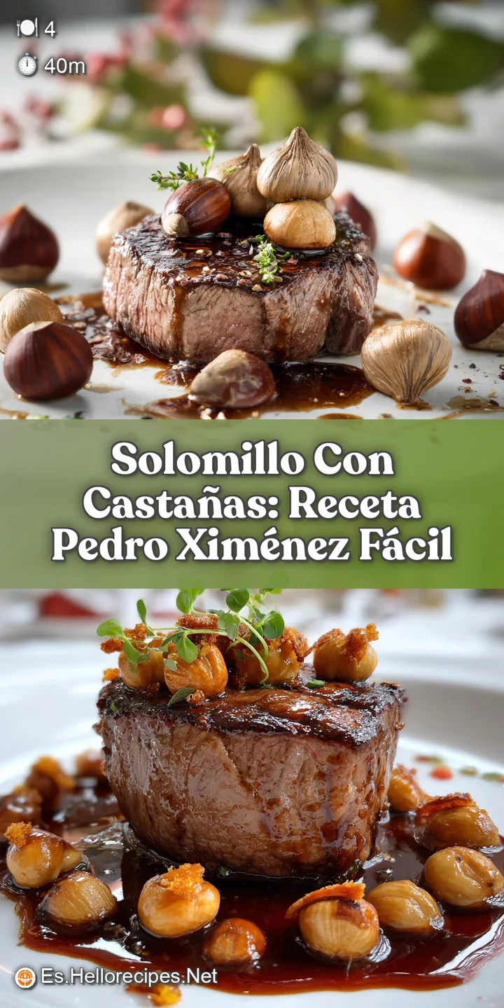 Close-up of succulent pork tenderloin coated in a luscious, dark sauce with plump, glistening chestnuts. A tempting, savor...