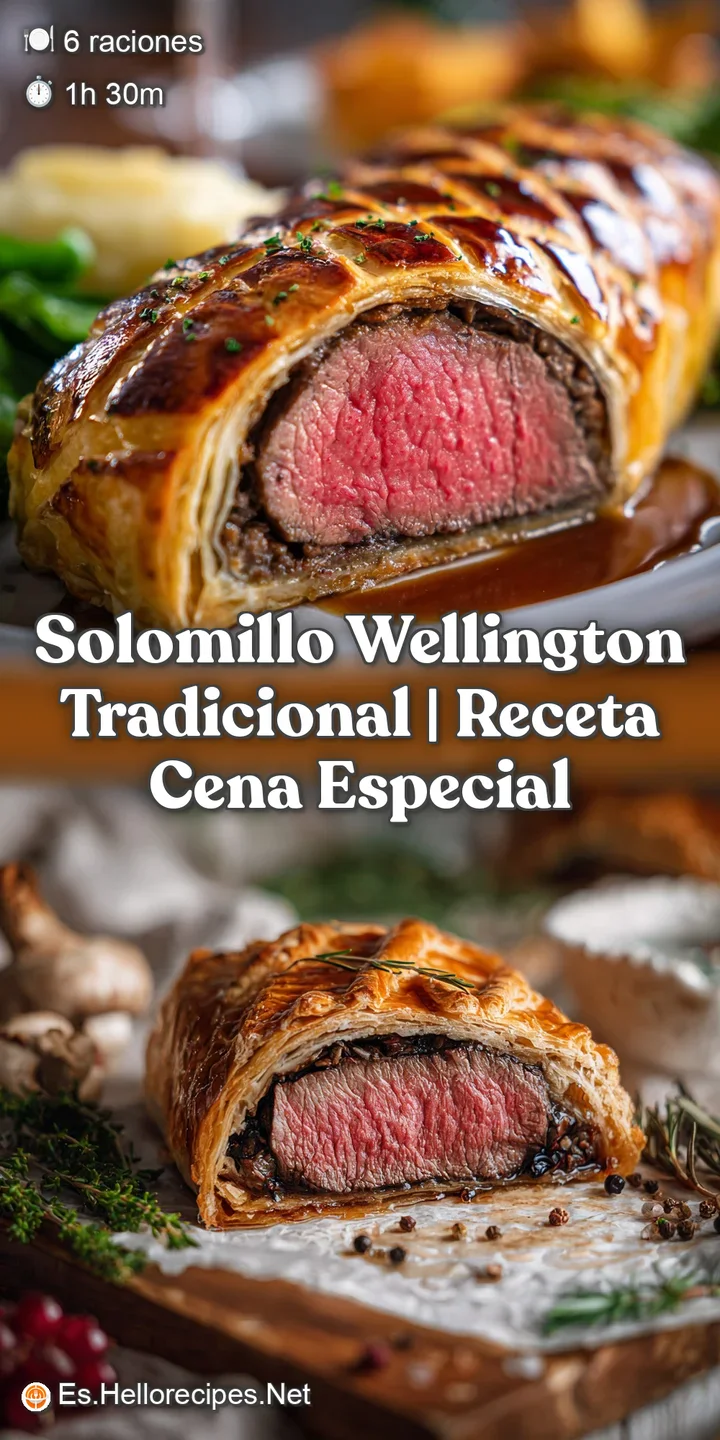 Close-up of Solomillo Wellington: flaky, golden crust gives way to succulent beef. Hints of duxelles peek from the savory ...