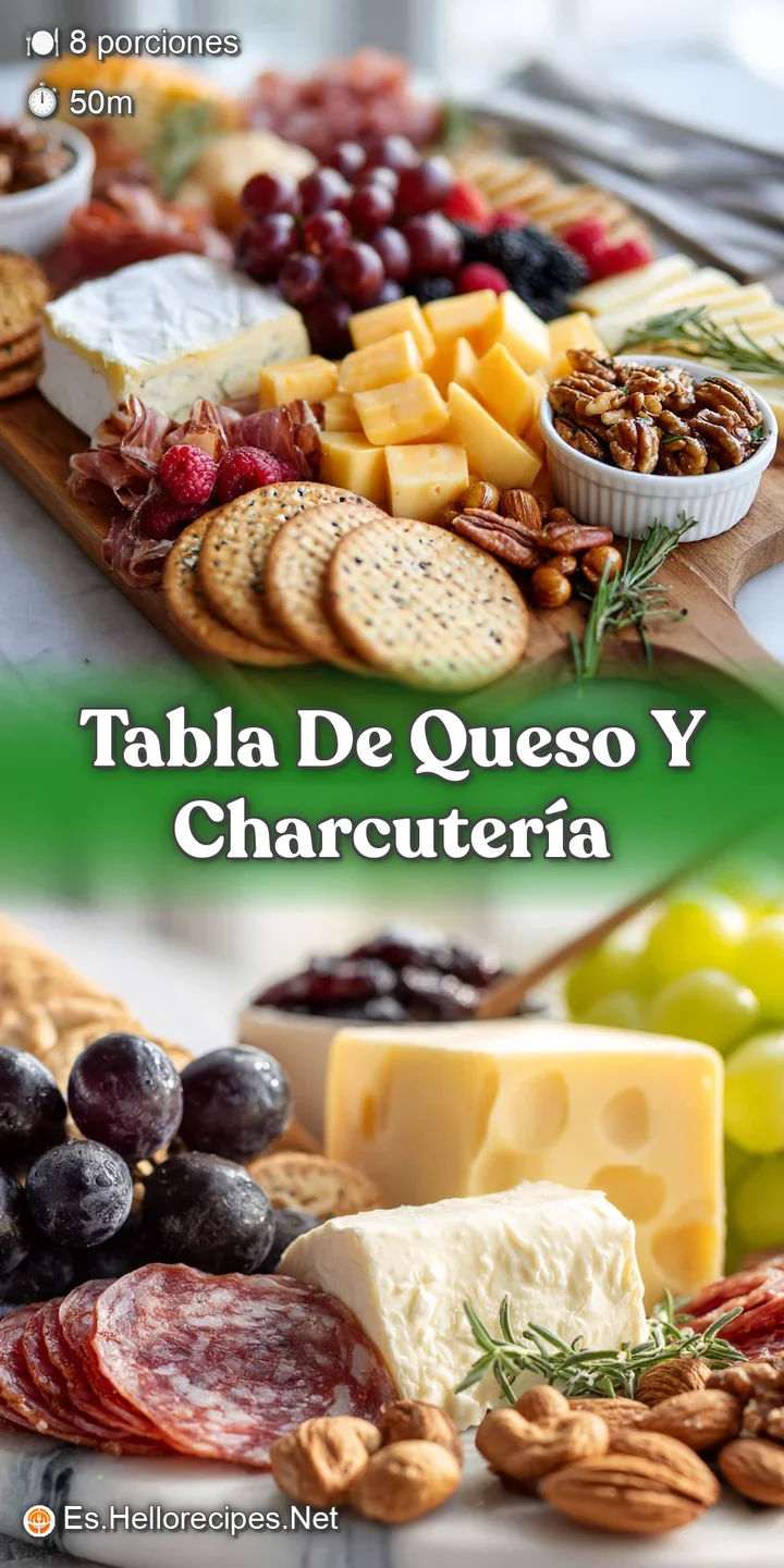 Close-up of a rustic cheese board, highlighting creamy cheeses, spicy chorizo, and juicy grapes, inviting textures and vib...