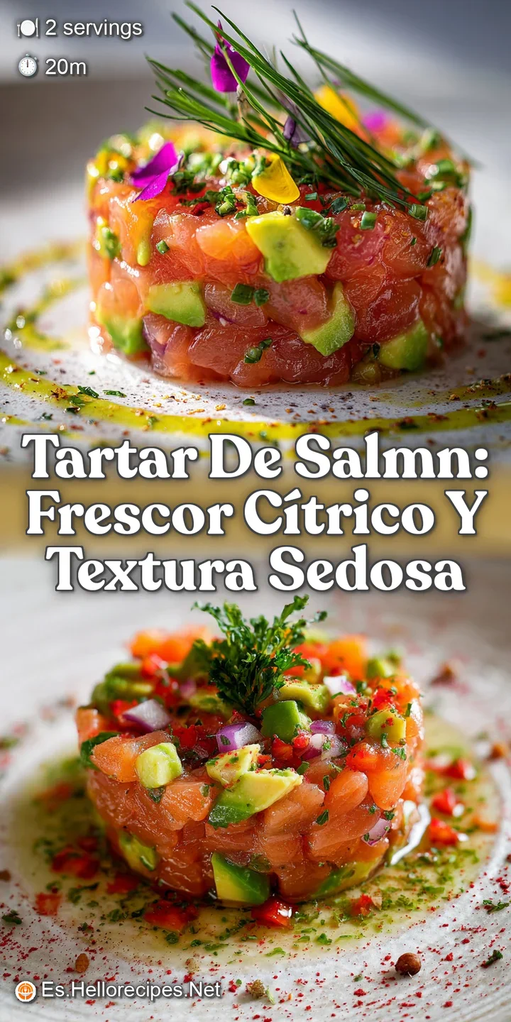 Close-up of glistening salmon tartare, the rich color contrasting with pops of citrus. Shows a creamy, almost melting text...