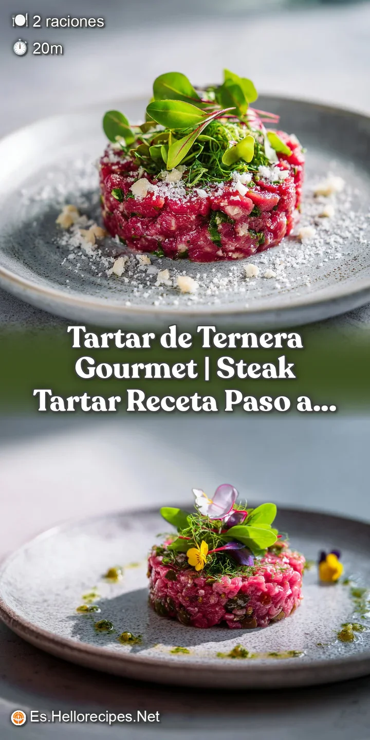 Close-up of ruby-red beef tartare, glistening with dressing, studded with capers and herbs.