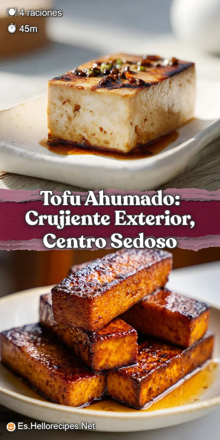 Close-up of richly colored smoked tofu, showing its slightly wrinkled texture and smoky, savory coating. Hints of herbs an...