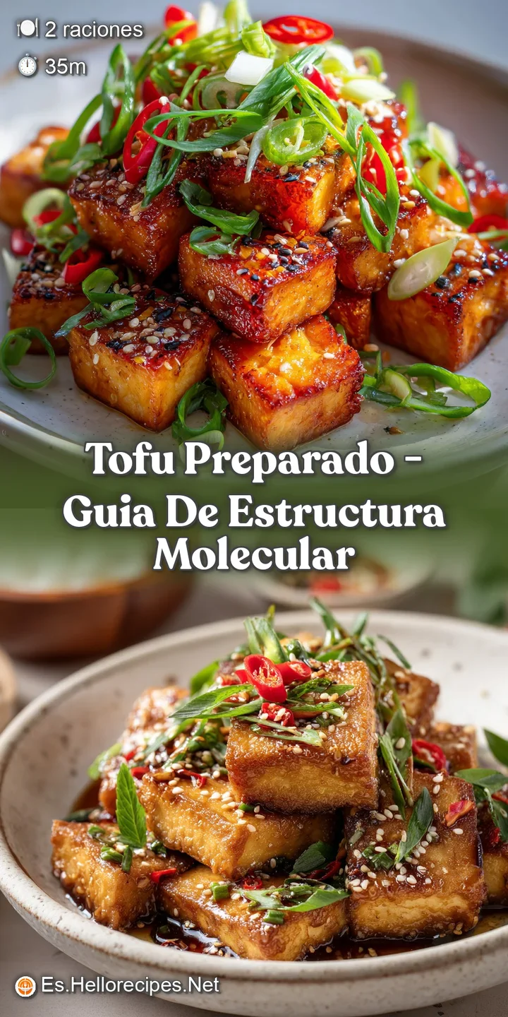 Close-up of glistening, browned tofu with sesame seeds; a tempting texture against the backdrop of bright green herbs and ...