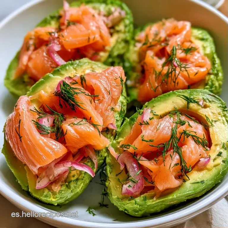 Aguacates cremosos servidos en plato cerámico, con cubos de salmón fresco y gotas de limón que aportan brillo y frescura.