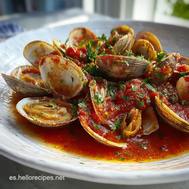 A single, artfully arranged plate of clams marinera. The vibrant sauce glistens, hinting at briny, savory flavors and a de...