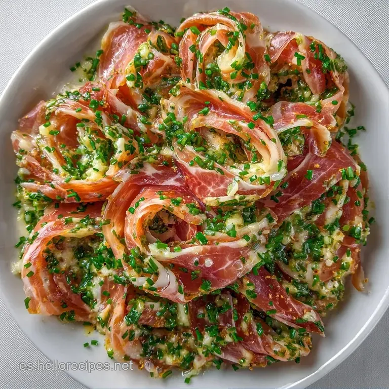 Plato blanco con rollitos de jam&oacute;n rosado y trozos de queso semicurado, decorados con brotes verdes y aceite brillante.