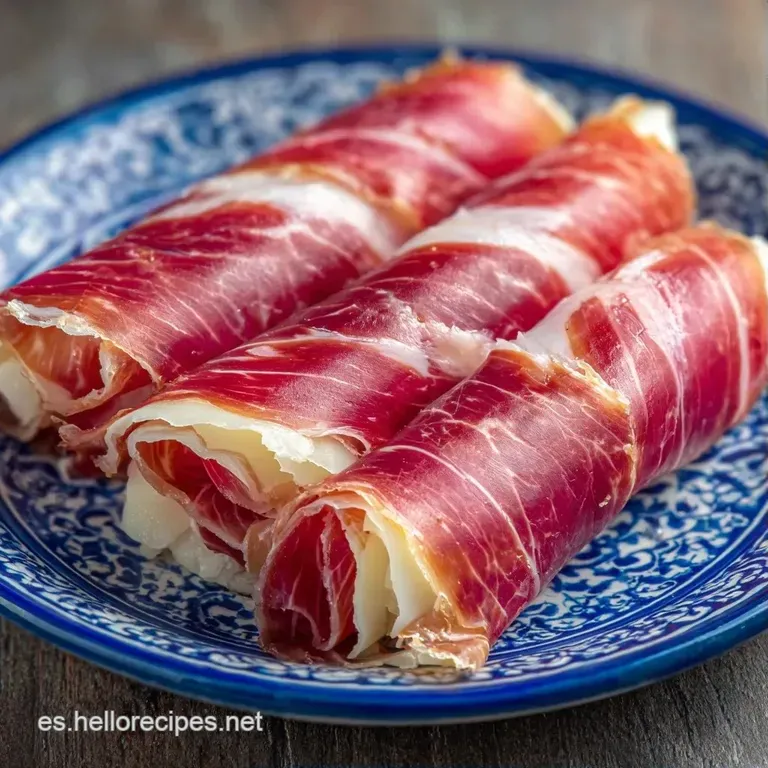 Elegante disposici&oacute;n de bocaditos sobre plato blanco, con gotas de miel brillante y hojas verdes sobre queso y jam&oacute;n.