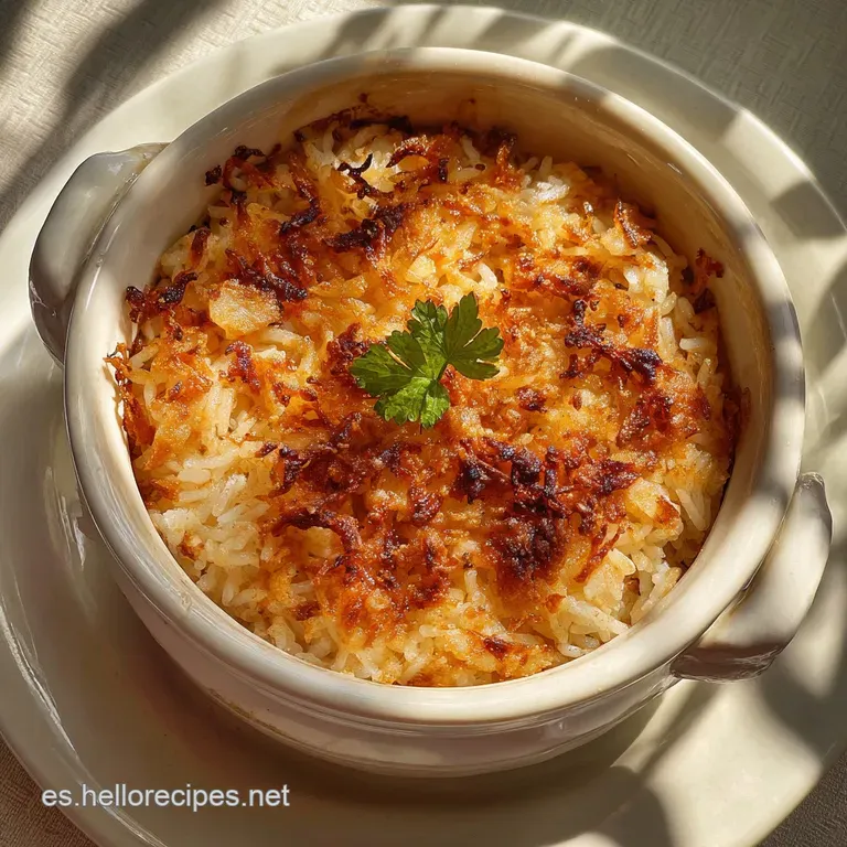 Elegant portion of baked rice, steaming gently. Topped with sprigs of parsley and surrounded by crusty bread slices.