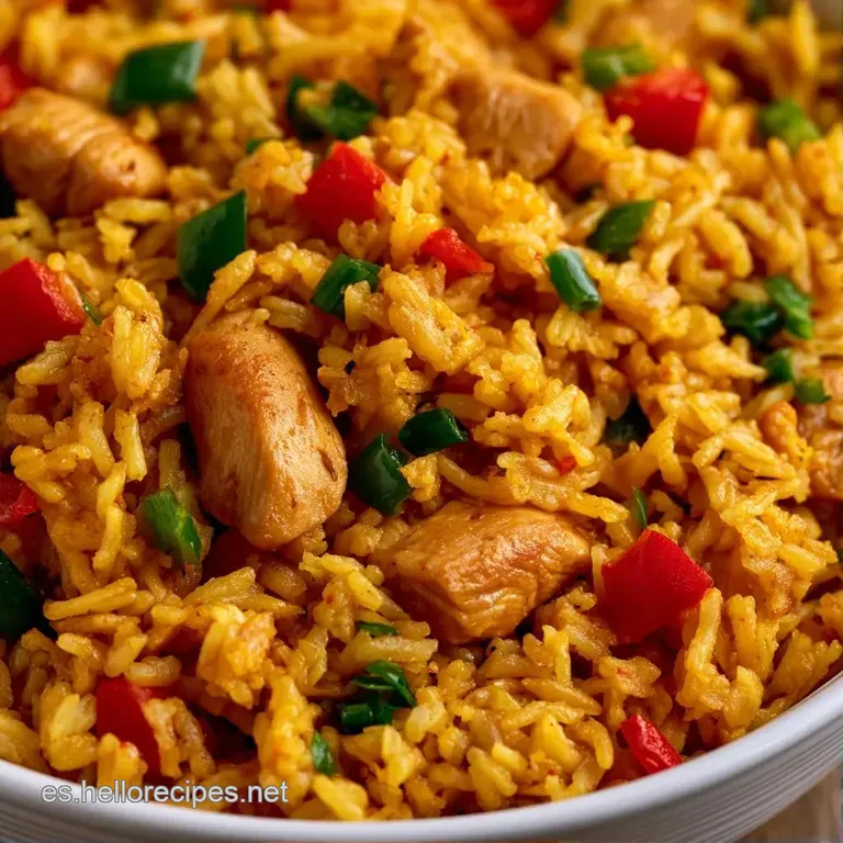 Elegante plato blanco con arroz amarillo suelto, pollo jugoso y perejil fresco picado que resalta el color dorado.