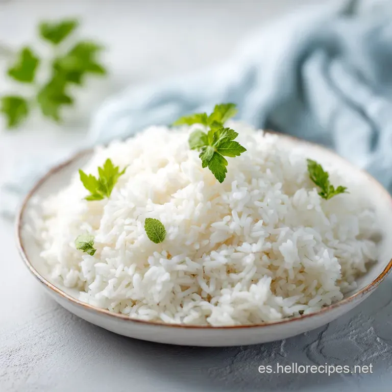 Steaming mound of pristine white rice artfully plated with a sprinkle of fresh herbs, hinting at a comforting, wholesome m...