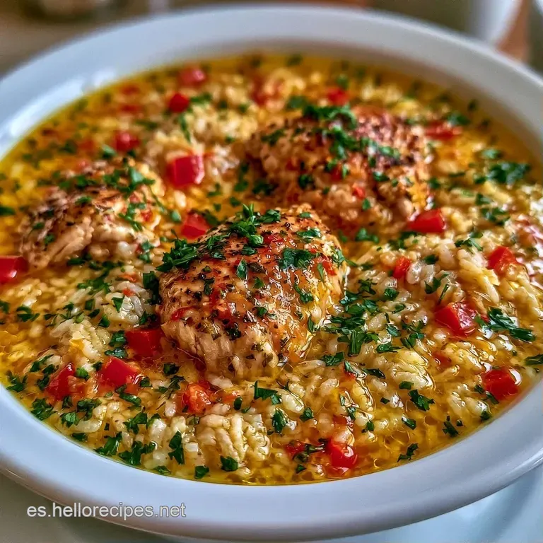 Plato hondo de cerámica con arroz caldoso amarillento, adornado con perejil fresco y trozos de pollo bien dorados.