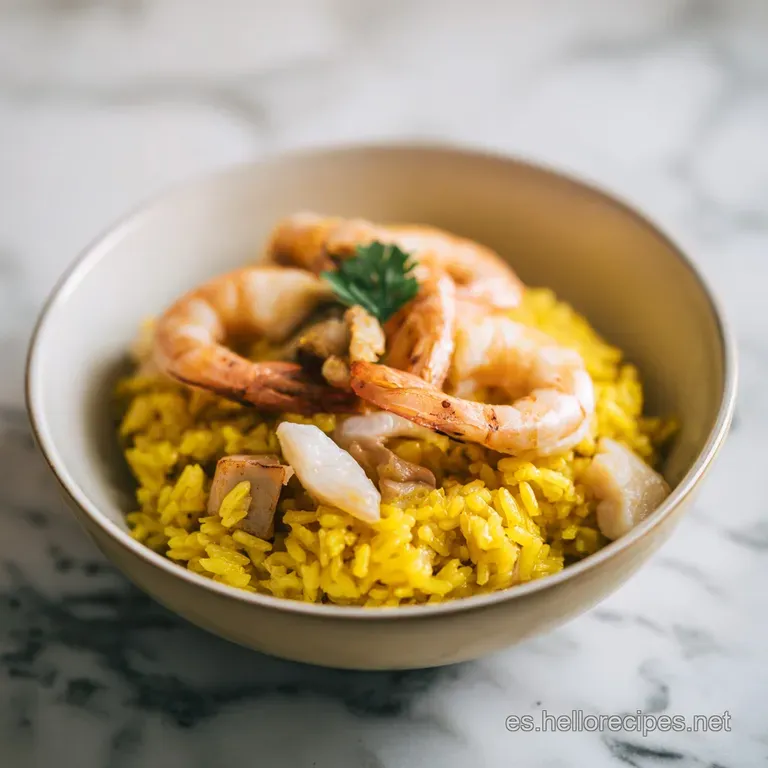 Elegante plato blanco con arroz caldoso, mariscos frescos organizados y un toque de perejil verde picado en el centro.
