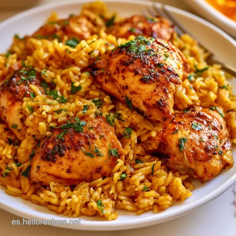 Montaje elegante de arroz dorado y pollo jugoso adornado con perejil fresco sobre un plato cerámico blanco minimalista.