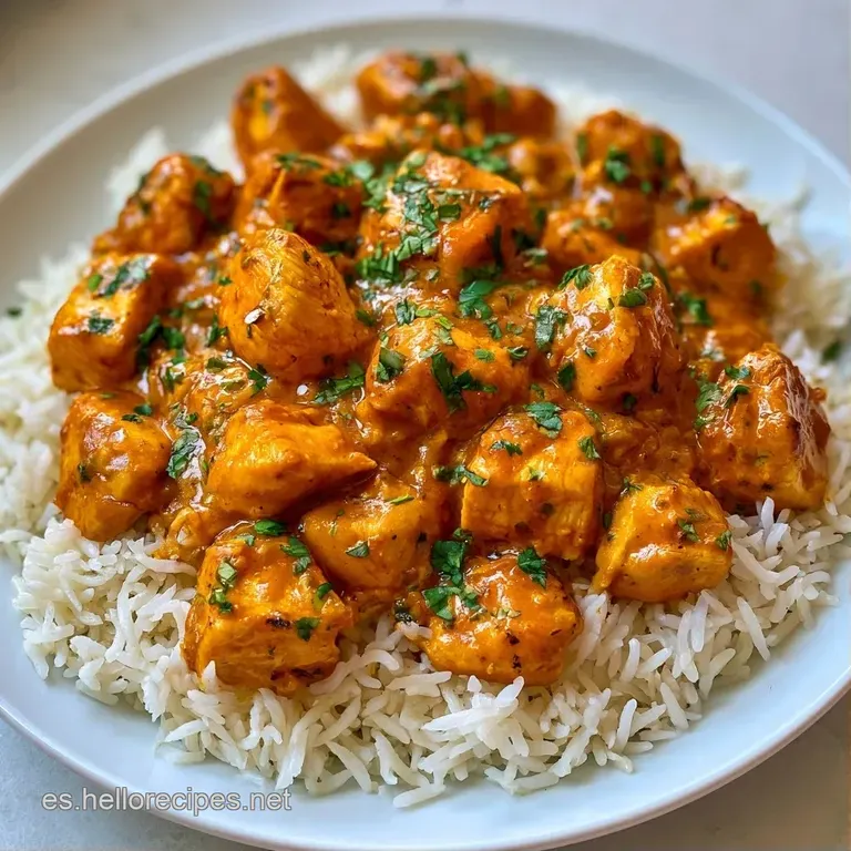 Montículo de arroz dorado decorado con hojas de cilantro fresco y trozos de pollo tierno en un plato de cerámica.