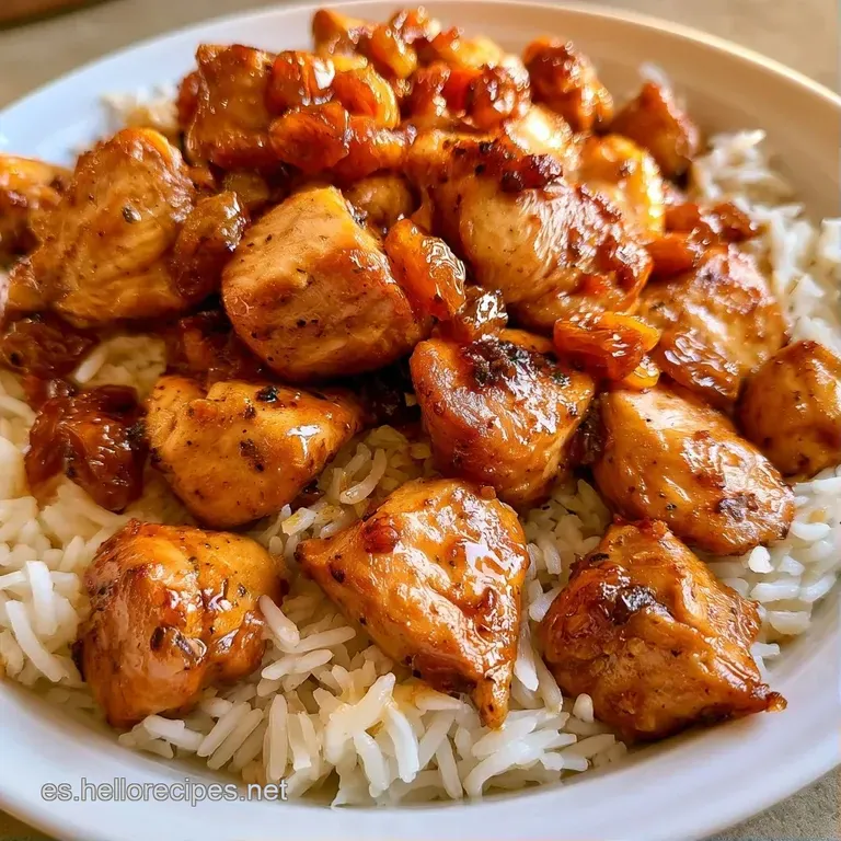 Montaña de arroz amarillo brillante en plato blanco con trozos de pollo jugoso, pasas oscuras y una hoja de cilantro fresca.