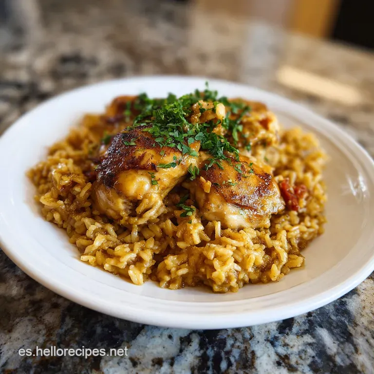 A perfectly portioned plate showcasing glistening yellow rice with juicy chicken, bright bell peppers, and peas. Sprig of ...