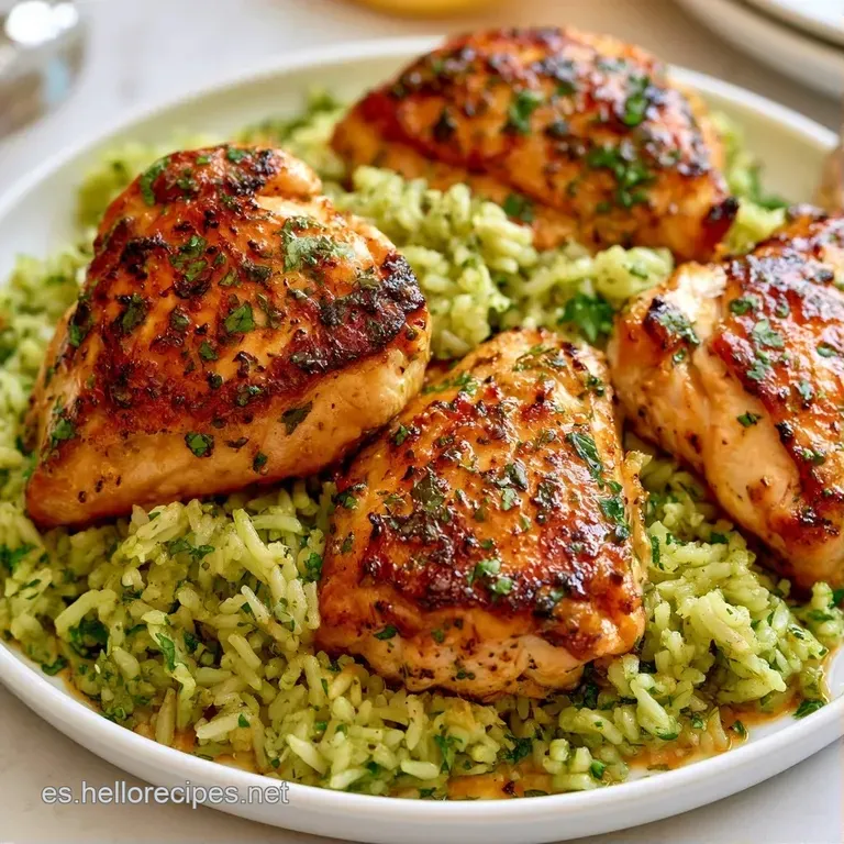Plato blanco con una montaña de arroz esmeralda, una presa de pollo jugosa encima y decorado con hojas de cilantro.