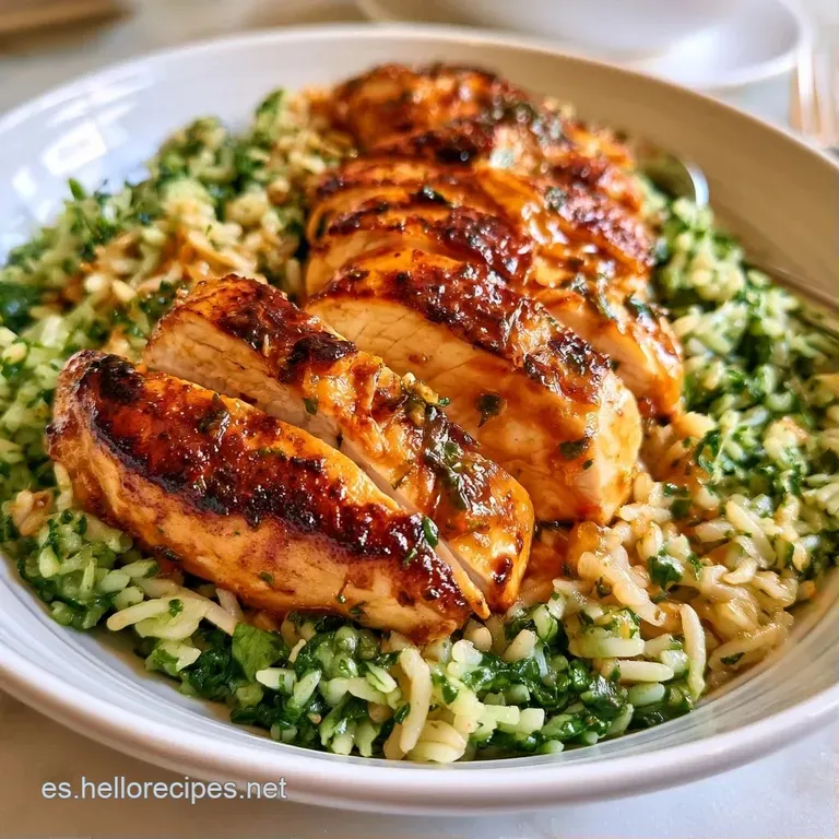 Montículo de arroz amarillo humeante adornado con pollo jugoso y pimientos rojos sobre un plato blanco minimalista.